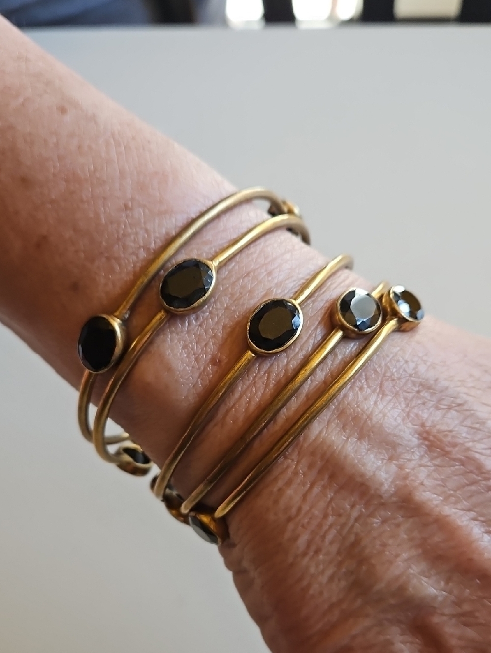 Gold Tone Bangles with Black Faceted Stones Stack 'em!